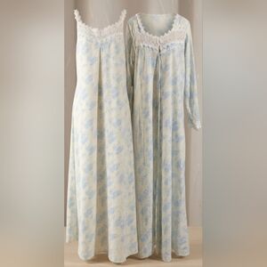 Vtg Eileen West 100% Cotton Nightgown Robe Set Large Blue Floral Y2K Size L